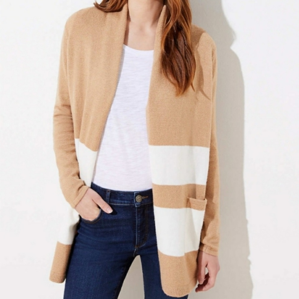 LOFT Color Block Beige White Cardigan Sweater Size Medium